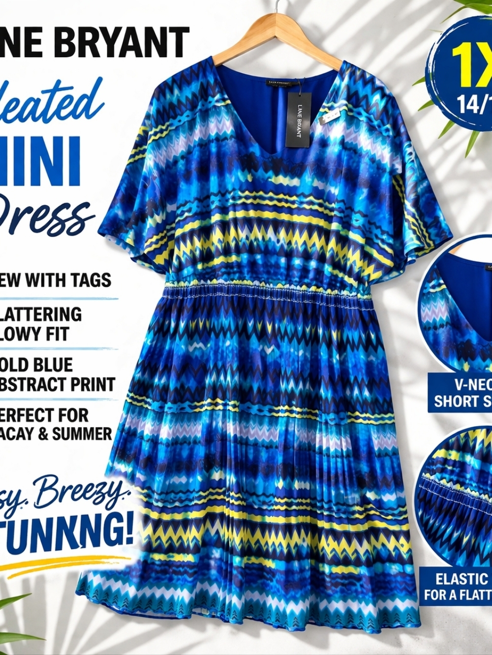 Lane Bryant 1X Blue Abstract Print Pleated Mini Dress NWT Flowy Waist
